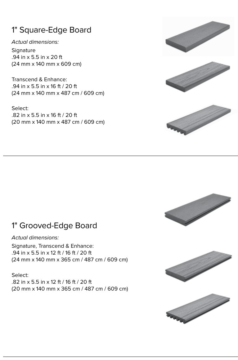 Trex product specification drawings: square-edge boards for face screws and grooved-edge boards for hidden fasteners, with actual dimensions
