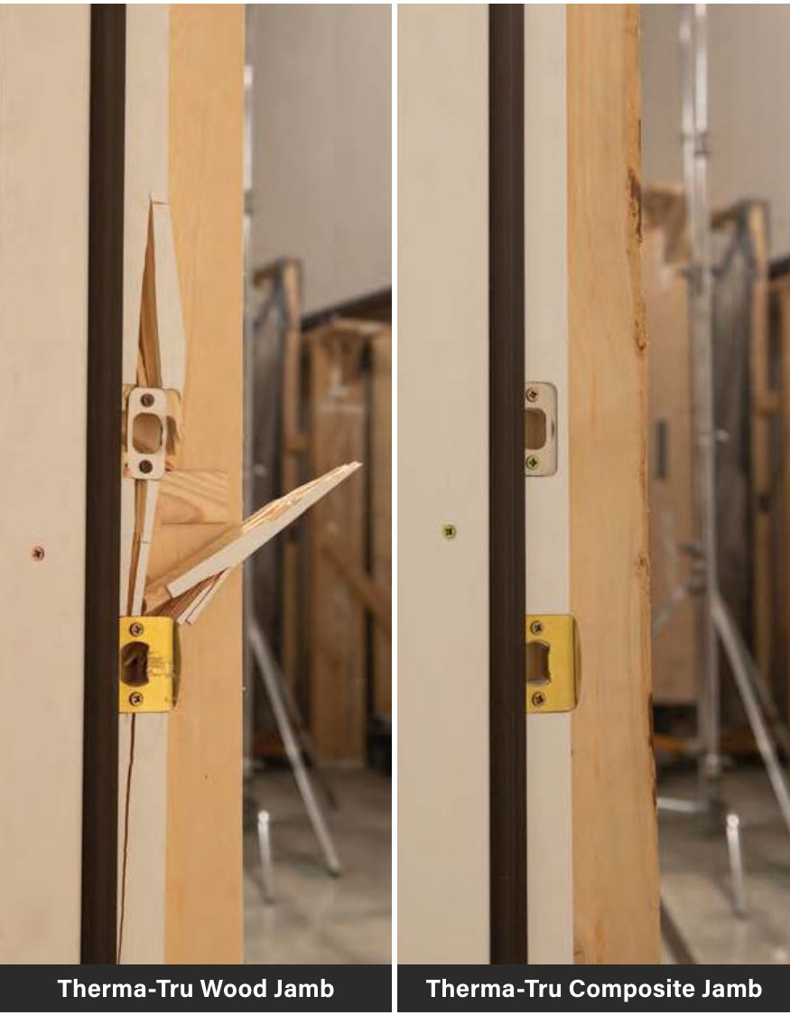 Two door jambs after a forced-entry test: the finger-jointed wood jamb split at the strike, the composite jamb intact