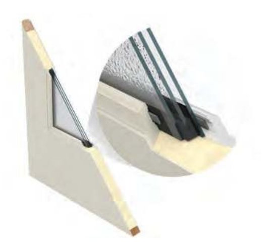 Corner cutaway of a fiberglass entry door showing skin, foam core, and glass edge