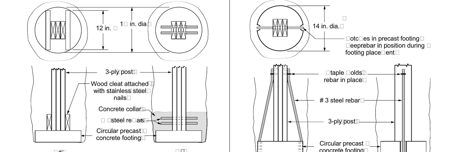 Two drawings of post foundations on circular precast concrete footings, one with wood cleats and a concrete collar attached by rebar, one with steel rebar wrapped under the footing and attached to the post above grade