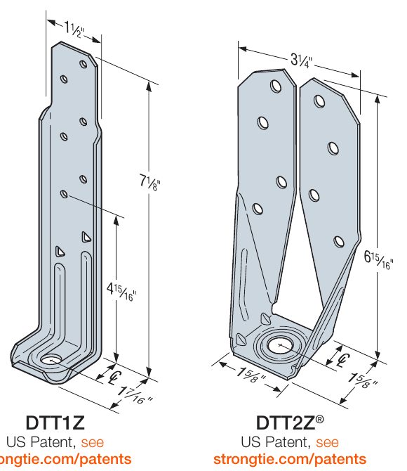Drawings of Simpson DTT1Z and DTT2Z deck tension ties with dimensions