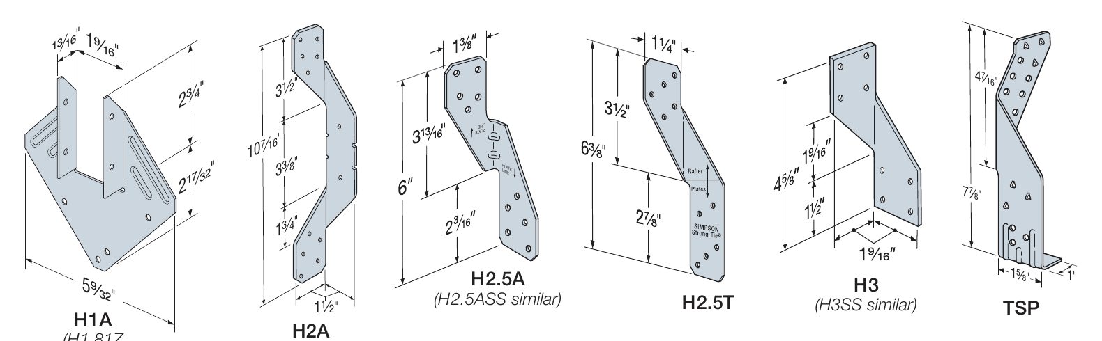 Dimensioned drawings of Simpson H1A, H2A, H2.5A, H2.5T, H3, and TSP hurricane ties