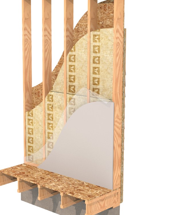 Cutaway drawing of a framed wall with stone wool batts between the studs, sheathing behind, and drywall in front