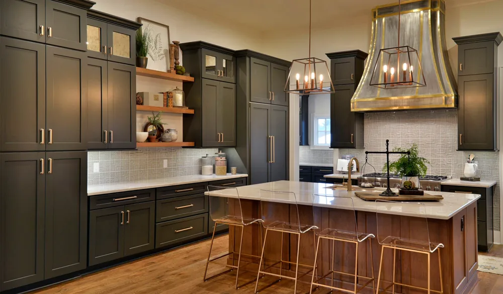 Dark kitchen, wood island: Iron