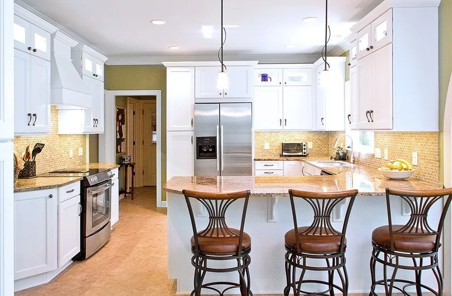 Island kitchen, wood stools: Transitional White