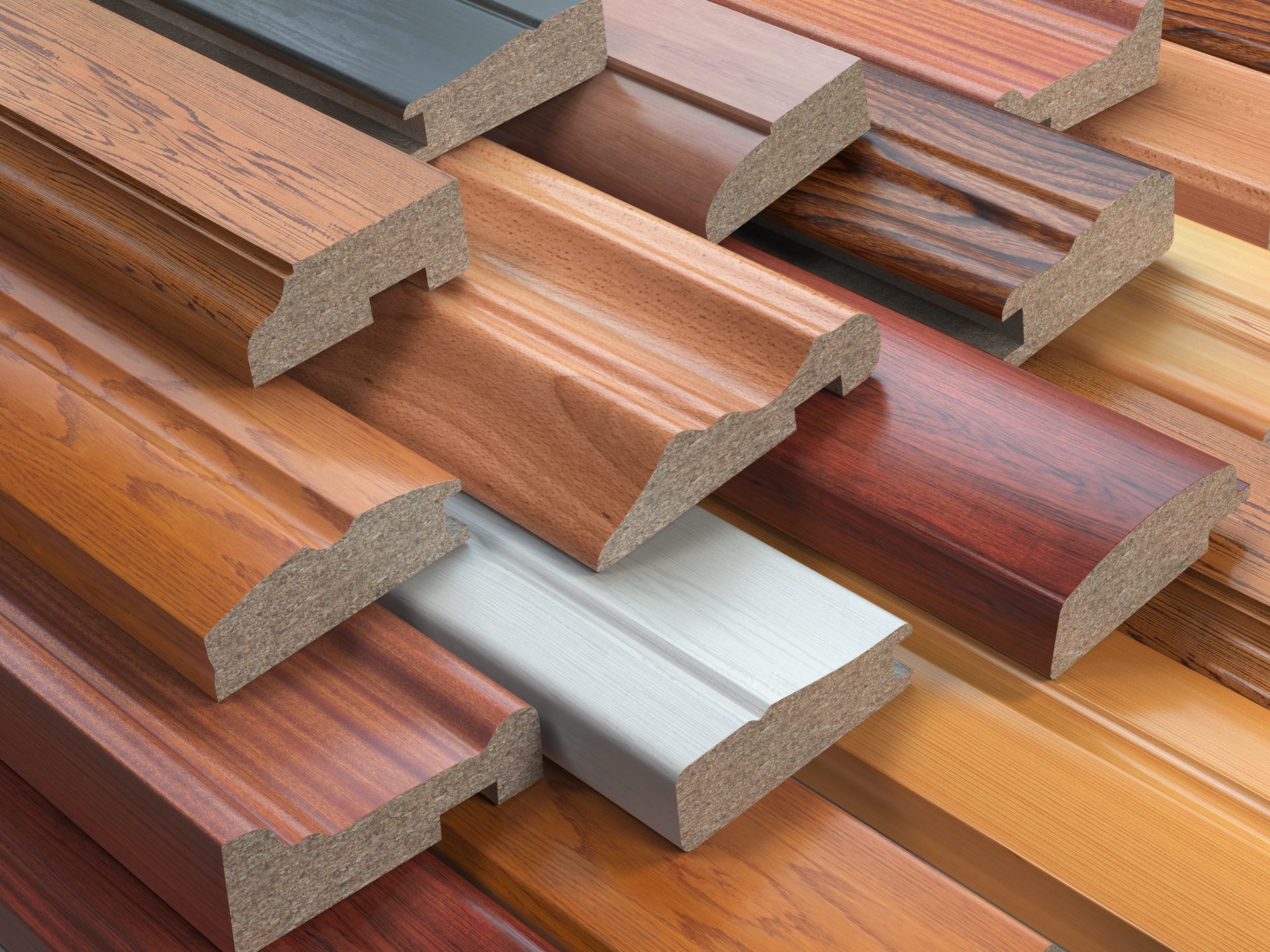 Stacked MDF and wood moulding profiles in different stains and finishes