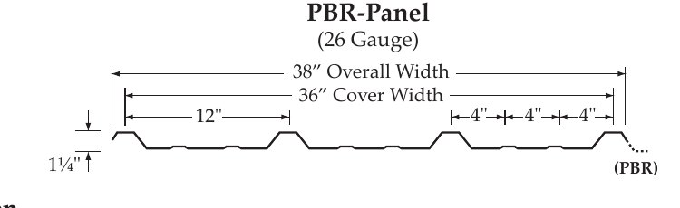 PBR-Panel profile: 1-1/4 inch ribs on 12 inch centers with purlin bearing leg