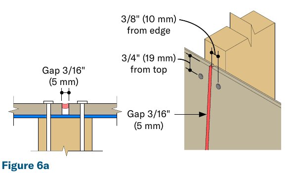 Drawing of a caulked lap siding butt joint with a 3/16 inch gap and nails 3/8 inch from the edge and 3/4 inch from the top