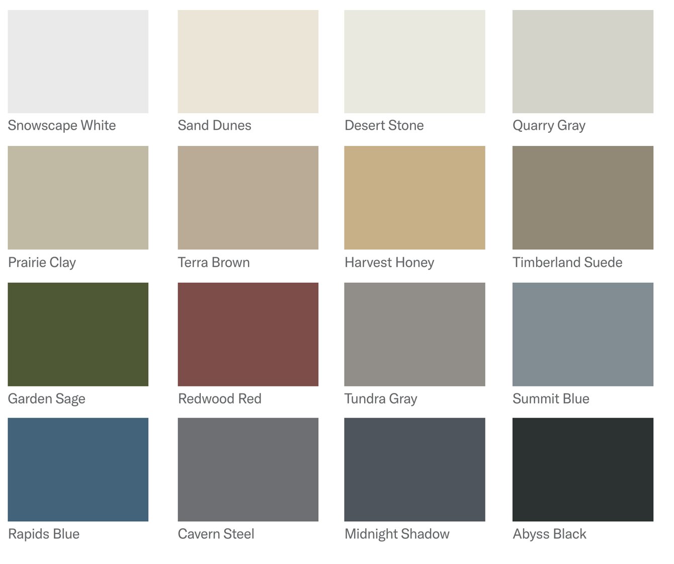 The sixteen LP ExpertFinish colors as named swatches, from Snowscape White to Abyss Black