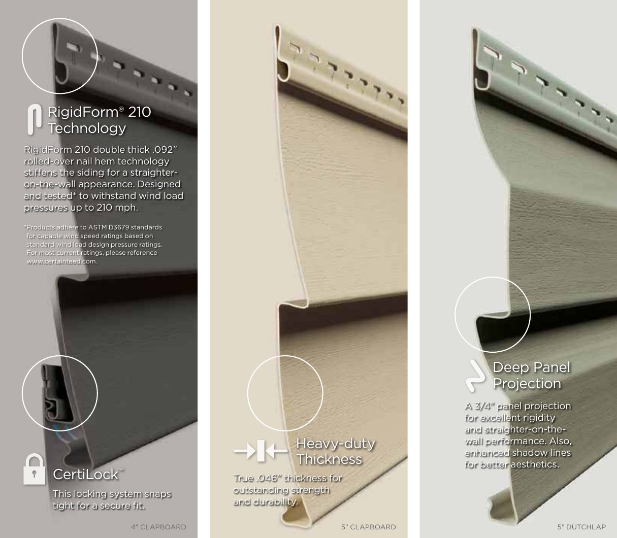 Vinyl siding panels in profile showing the rolled-over nail hem and the lock