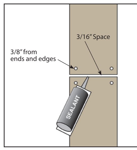 Drawing of an engineered wood trim butt joint with a 3/16 inch space, nails 3/8 inch from the ends and edges, and a tube of sealant at the joint
