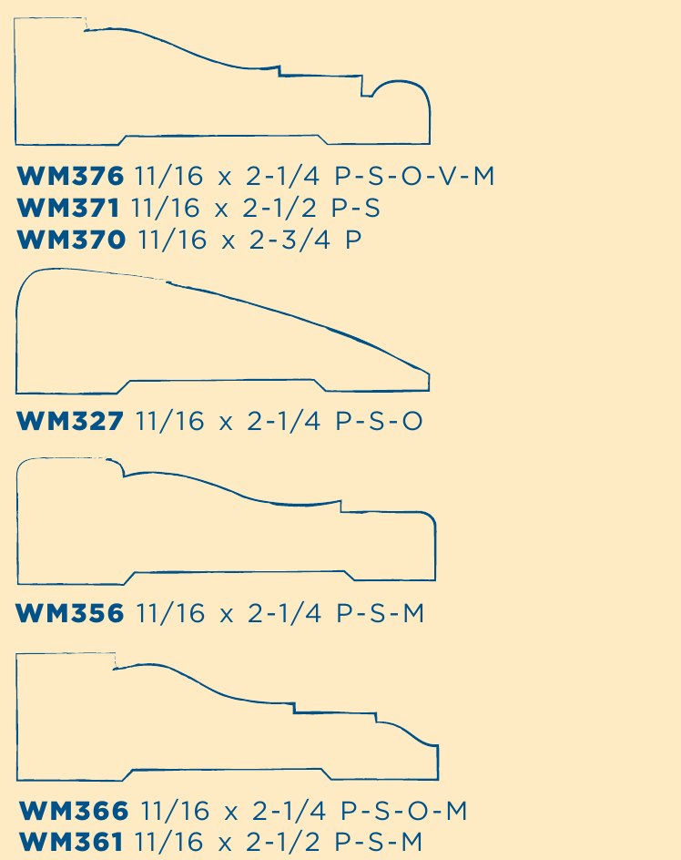Four casing profiles drawn in section with their WM numbers: WM376, WM327, WM356, and WM366, each 11/16 by 2-1/4 inches, with the letters for the materials each comes in