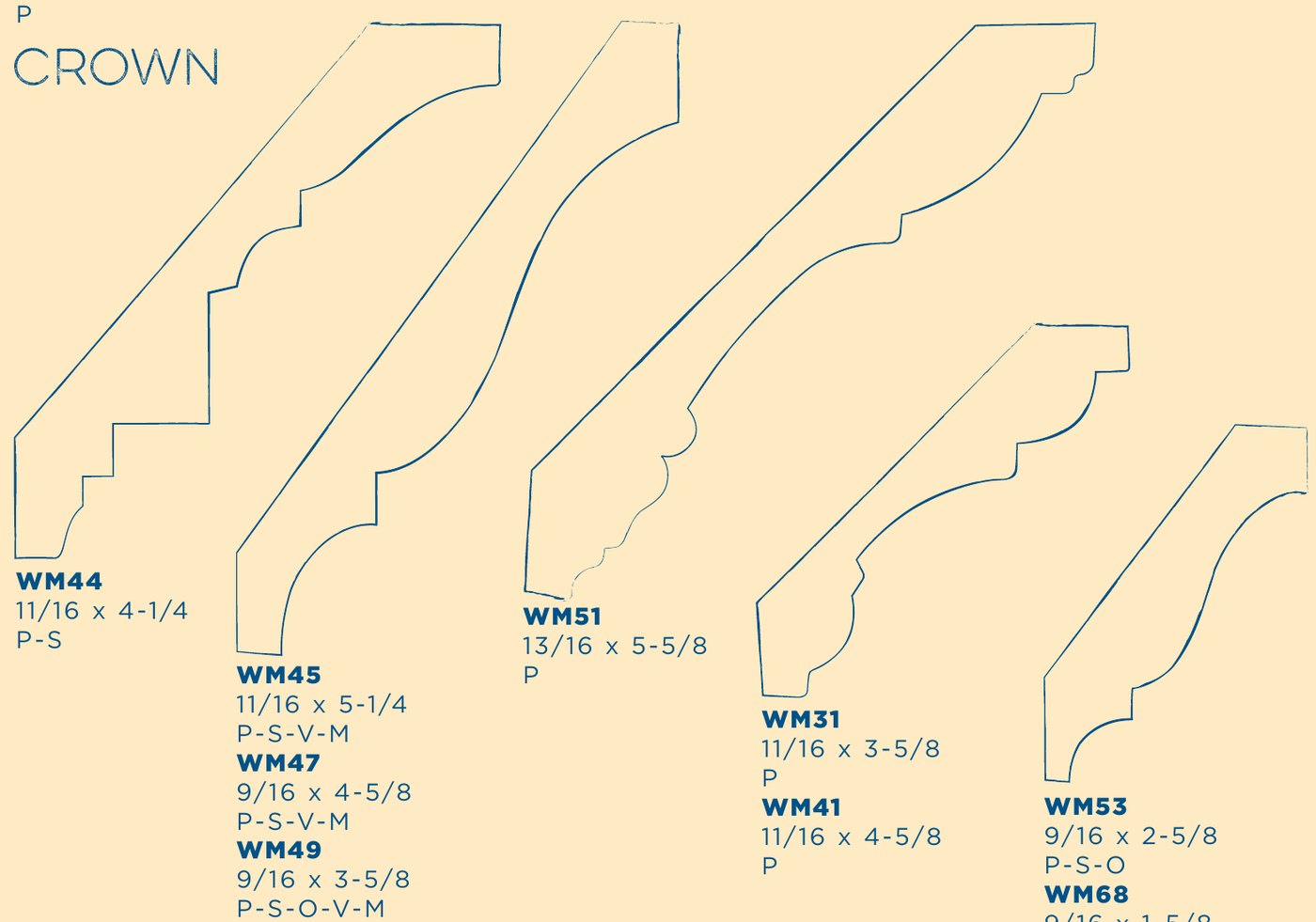 Seven crown moulding profiles drawn in section with their WM numbers and sizes, from WM44 at 11/16 by 4-1/4 down to WM68 at 9/16 by 1-5/8